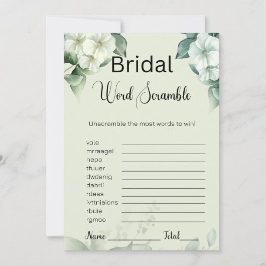Groen & Bloemen Bruids Groen Woord Scramble Game Kaart (Voorkant)