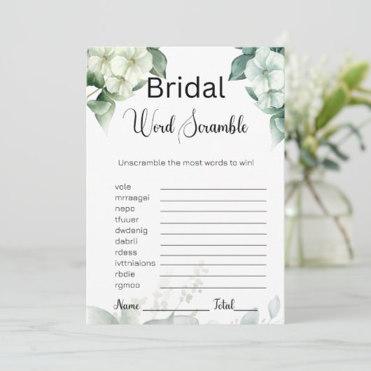 Groen & Bloemen Bruids Wit Woord Scramble Game Kaart (Staand voorkant)