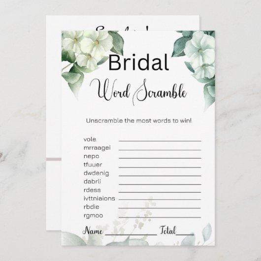 Groen & Bloemen Bruids Wit Woord Scramble Game Kaart (Voorkant / Achterkant)