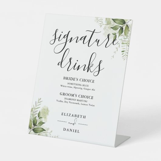 Groen Bloemen Bruiloft Signature Drinken Reclamebord Met Voetstuk (Voorkant)