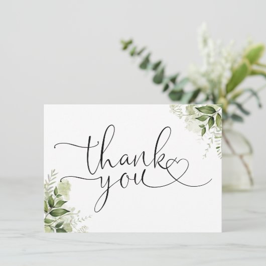 Groen Bloemen Elegant Hart Script Bedankkaart (Staand voorkant)