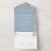 Groen Bloemen Elegant Script Stoffig Blauw Bruilof All In One Uitnodiging (Binnen)