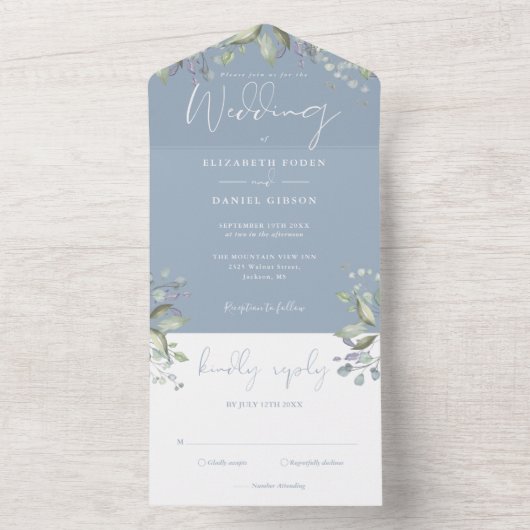 Groen Bloemen Elegant Script Stoffig Blauw Bruilof All In One Uitnodiging (Binnen)