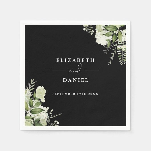 Groen Bloemen Elegant Zwart-wit Bruiloft Servet (Voorkant)