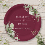 Groen Bloemen Elegante Bourgondische bruiloft Papieren Bordje<br><div class="desc">Elegant bloemengroen bordeaux bruiloft papier bord gepersonaliseerd met uw namen en speciale bruiloft datum. Ontworpen door Thisnotme©</div>