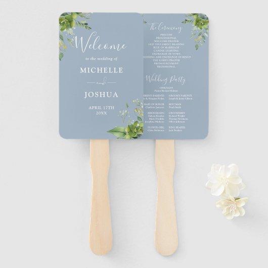 Groen Bloemen Elegante Dusty Blue Wedding Program Handwaaier (Voorkant en achterkant)