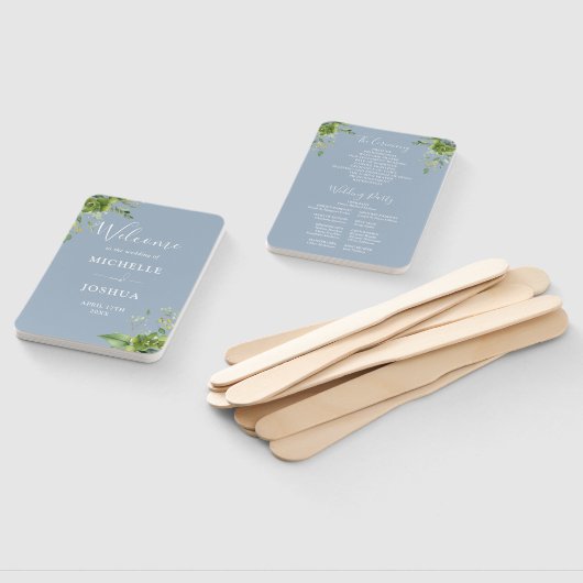 Groen Bloemen Elegante Dusty Blue Wedding Program Handwaaier (Niet-gemonteerd)