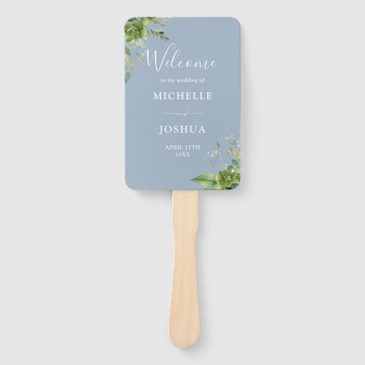 Groen Bloemen Elegante Dusty Blue Wedding Program Handwaaier (Voorkant)