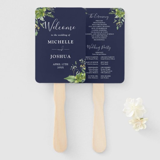 Groen Bloemen Elegante Marine Blauw Trouwprogramma Handwaaier (Voorkant en achterkant)