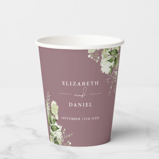Groen Bloemen Elegante Mauve Bruiloft Papieren Bekers (Achterkant)
