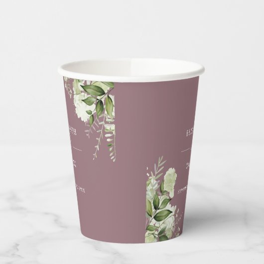 Groen Bloemen Elegante Mauve Bruiloft Papieren Bekers (Links)