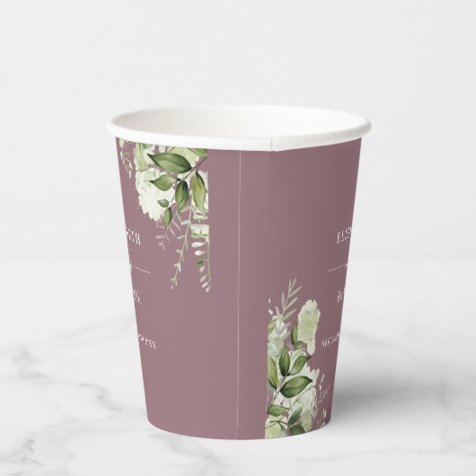 Groen Bloemen Elegante Mauve Bruiloft Papieren Bekers (Rechts)