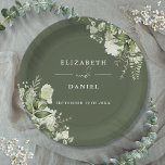 Groen Bloemen Elegante Olijf Groene Bruiloft Papieren Bordje<br><div class="desc">Elegant bloemengroen olijf groen bruiloft papier bord gepersonaliseerd met uw namen en speciale bruiloft datum. Ontworpen door Thisnotme©</div>