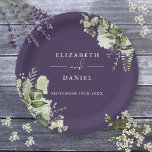 Groen Bloemen Elegante Paarse Bruiloft Papieren Bordje<br><div class="desc">Elegant bloemengroen paarse bruiloft papier bord gepersonaliseerd met uw namen en speciale bruiloft datum. Ontworpen door Thisnotme©</div>