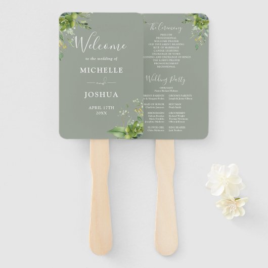 Groen Bloemen Elegante Sage Green Wedding Programm Handwaaier (Voorkant en achterkant)