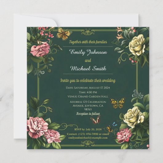 groen bloemen- en vlinderbruiloft ontwerp kaart (Voorkant)