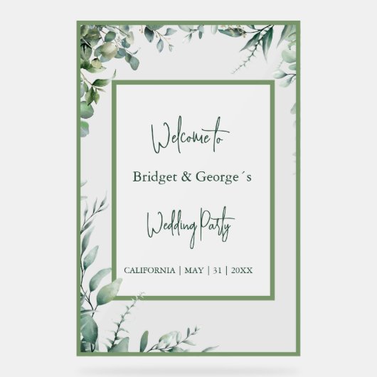 groen Bloemen eucalyptus Frosted bruiloft Welkom Acryl Bord (Voorkant)