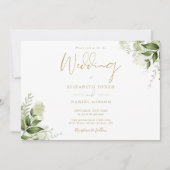Groen Bloemen Foto Elegant Goud Script Bruiloft Kaart (Voorkant)