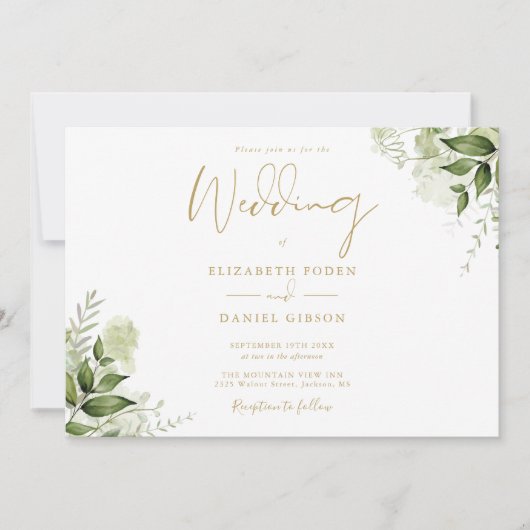 Groen Bloemen Foto Elegant Goud Script Bruiloft Kaart (Voorkant)