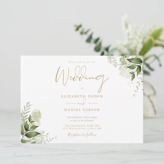 Groen Bloemen Foto Elegant Goud Script Bruiloft Kaart (Staand voorkant)
