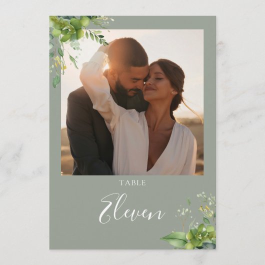 Groen Bloemen Foto Sage Groene Tafel Nummer Bedankkaart (Voorkant)