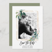 Groen Bloemen Fotobruiloft Bewaar de datumkaart Bedankkaart (Voorkant / Achterkant)