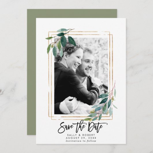 Groen Bloemen Fotobruiloft Bewaar de datumkaart Bedankkaart (Voorkant / Achterkant)
