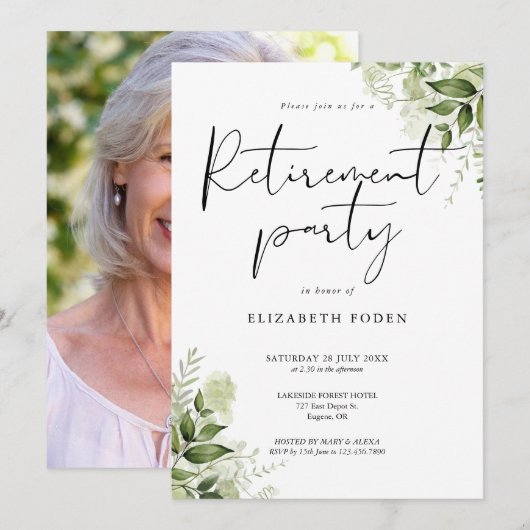 Groen Bloemen Fotoscript Pensioenfeest Kaart (Voorkant / Achterkant)