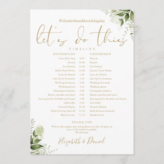 Groen Bloemen Goud Bruiloft Schema Tijdlijn Programmakaart (Voorkant)