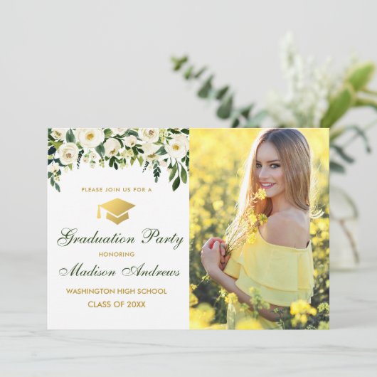 Groen Bloemen Goud Foto Afstudeerfeest Uitnodigen Kaart (Staand voorkant)