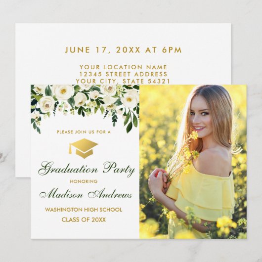 Groen Bloemen Goud Foto Afstudeerfeest Uitnodigen Kaart (Voorkant / Achterkant)