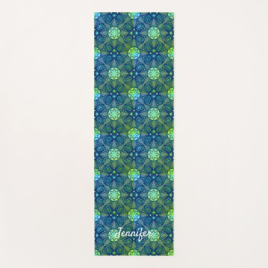 Groen Bloemen Mandala Patroon op Navy Blue Yogamat (Voorkant)