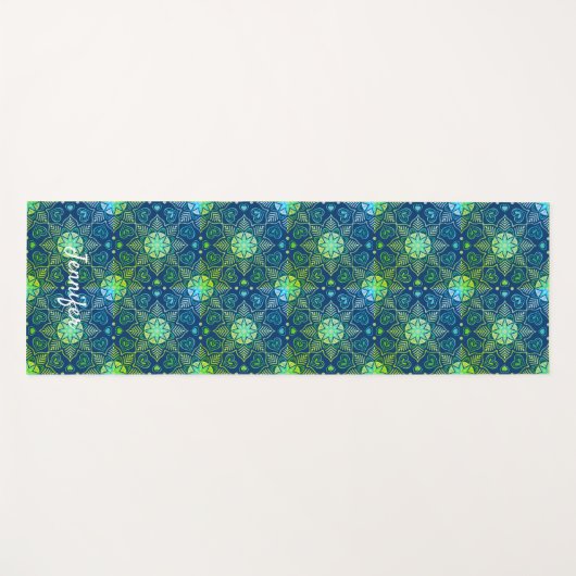 Groen Bloemen Mandala Patroon op Navy Blue Yogamat (Voorkant (horizontaal))