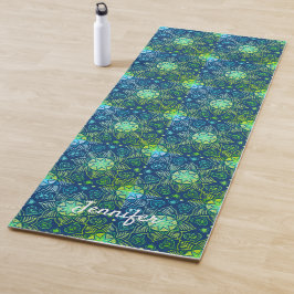 Groen Bloemen Mandala Patroon op Navy Blue Yogamat