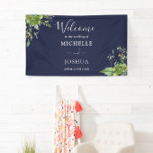 Groen Bloemen Marine Blauw Huwelijk Welkom Spandoek (Insitu)