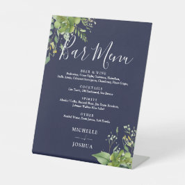 Groen Bloemen Marine Blauw Trouwbar Menu Reclamebord Met Voetstuk