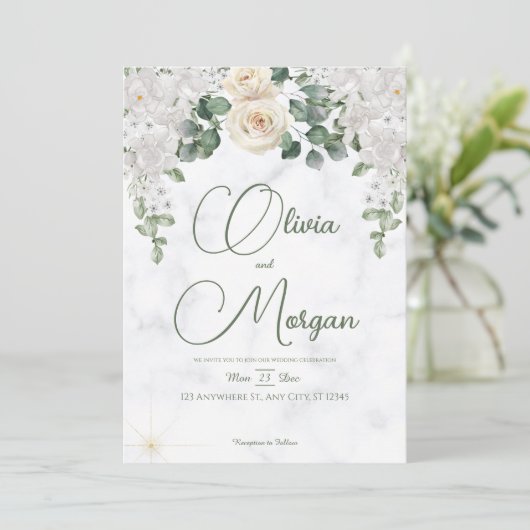 Groen Bloemen Marmeren bruiloft uitnodiging (Staand voorkant)