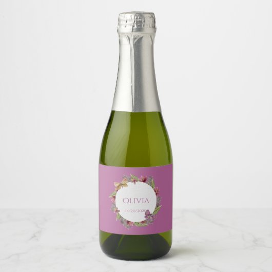 Groen Bloemen Mini Mousserende Wijn Etiketten (Voorkant)