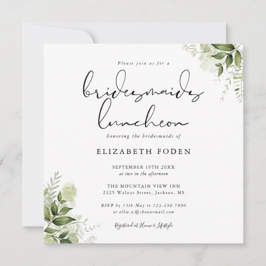 Groen Bloemen Monogram Bruidsmeisjes Luncheon Kaart (Voorkant)