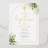 Groen Bloemen Monogram Doop Boog Goud Folie Uitnodiging (Voorkant)
