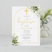 Groen Bloemen Monogram Doop Boog Goud Folie Uitnodiging (Staand Voorkant)