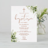 Groen Bloemen Monogram Doop Roos Goud Folie Uitnodiging (Staand Voorkant)