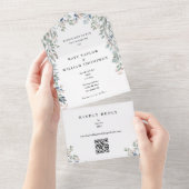 Groen Bloemen Monogram QR Code Bruiloft All In One Uitnodiging (Afscheurbaar)