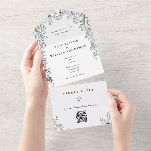 Groen Bloemen Monogram QR Code Bruiloft All In One Uitnodiging (Afscheurbaar)