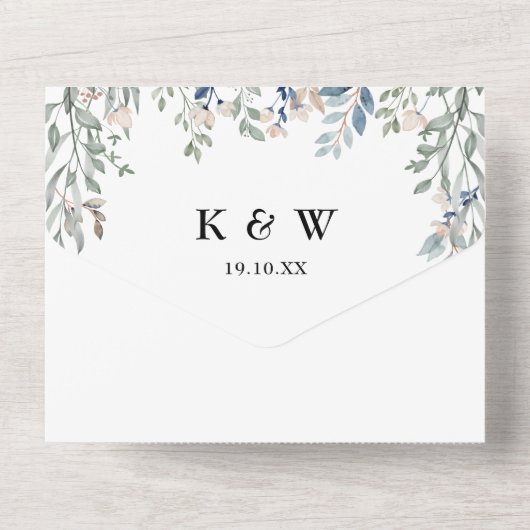 Groen Bloemen Monogram QR Code Bruiloft All In One Uitnodiging (Achterkant)