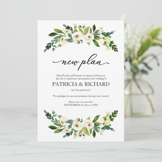 Groen Bloemen Nieuw Plan Huwelijk Uitstel Kaart (Staand voorkant)