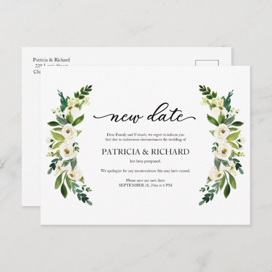 Groen Bloemen Nieuwe Datum Huwelijk Uitstel Briefkaart (Voorkant / Achterkant)