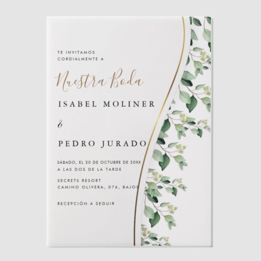 Groen Bloemen Nuestra Boda Spaanse bruiloft Vellum Uitnodigingen (Voorkant)