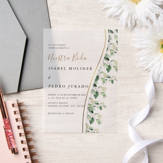 Groen Bloemen Nuestra Boda Spaanse bruiloft Vellum Uitnodigingen (Huwelijk)