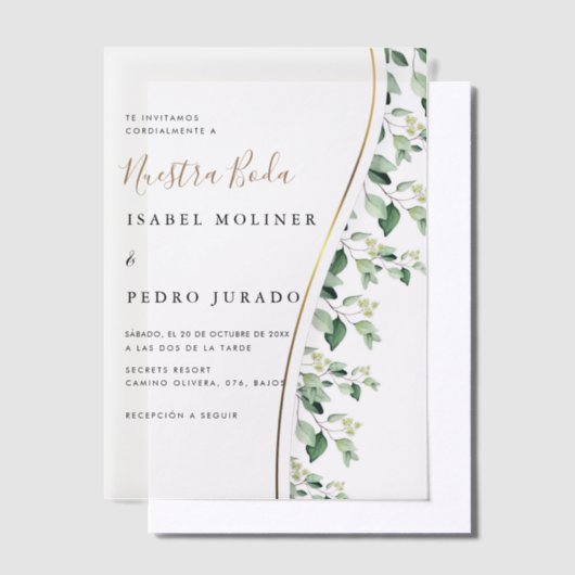 Groen Bloemen Nuestra Boda Spaanse bruiloft Vellum Uitnodigingen (Offset)